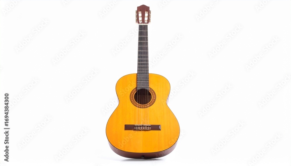 Obraz premium classical acoustic guitar with natural wood finish on neutral background