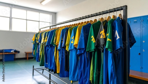 Colorful team uniforms on hangers in a locker room