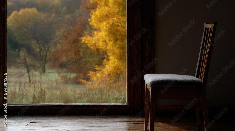 Fototapeta premium Wooden chair with a gray cushion on the right side of the frame. the chair is placed in front of a large window with a view of a forested area outside.