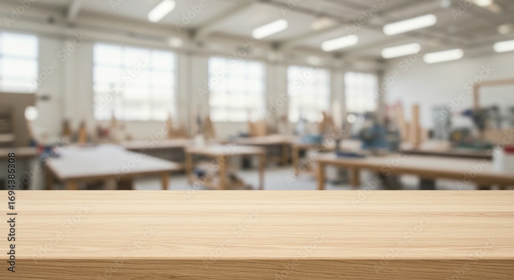 custom made wallpaper toronto digitalA wooden countertop in the foreground with an interior shot of a bright workshop blurred in the background.