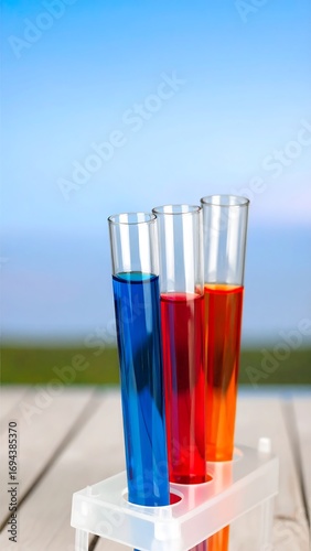 Colorful test tubes with liquids on a light-colored wooden surface against a blurred sky background