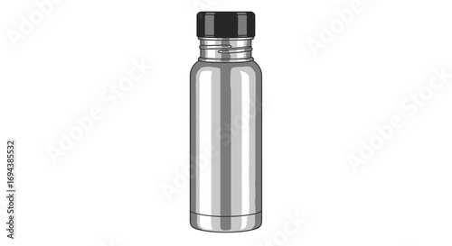 A sleek, stainless steel water bottle with a black cap, isolated on white background.