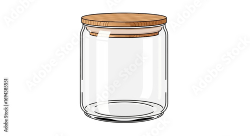 Illustration of a clear glass jar with a light brown wooden lid, isolated on a white background.