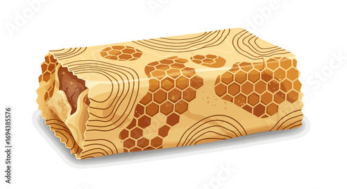Loaf of bread partially wrapped in patterned beeswax wrap, showing the bread's crust.
