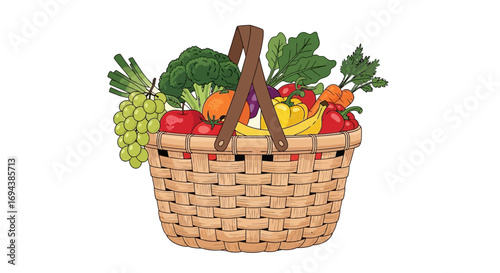 A wicker basket overflowing with a colorful assortment of fresh fruits and vegetables.