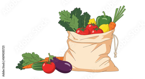 A beige reusable grocery bag filled with colorful vegetables, including tomatoes, peppers, carrots, and leafy greens.