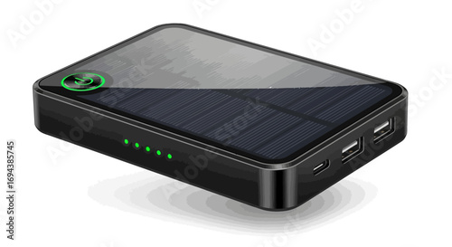 Sleek black solar power bank with USB ports, showcasing efficient portable charging.