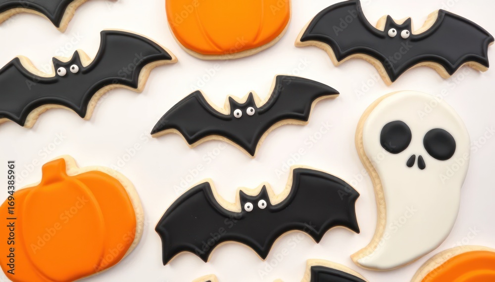 Naklejka premium Halloween themed cookies with bats pumpkins and skulls