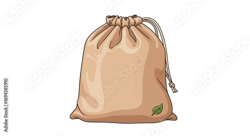 Illustration of a beige drawstring bag with a small green leaf graphic on the lower right corner, isolated on a white background.