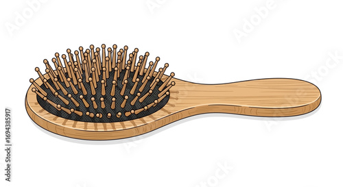 Oval-shaped wooden-handled hairbrush, detailed illustration.