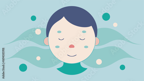 Calming Effect A serene representation of a face with acne that transforms as nanoparticles are portrayed emitting calming waves or signals to reduce inflammation.