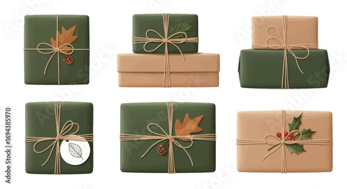 Six autumn-themed gift boxes, elegantly wrapped in kraft and green paper, adorned with leaves, berries, and twine.