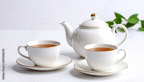 Wallpaper Mural elegant tea set with gold trim on white surface and background Torontodigital.ca