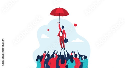 Man flies above crowd holding umbrella protection business success future opportunities dreams