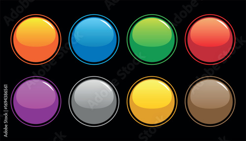 Set of eight colorful glossy circular buttons on black background