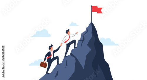Two businessmen climbing a steep mountain together towards a red flag on the summit for success and teamwork achievement