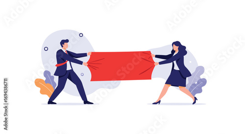 Two business people pulling a red banner in opposite directions illustrating conflict