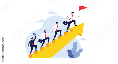 Business professionals climbing stairs towards success and achieving goals together as a team