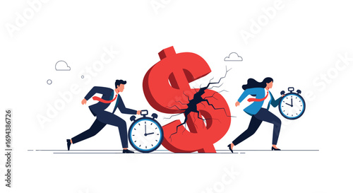 Business people racing against time near cracked dollar sign symbol illustration