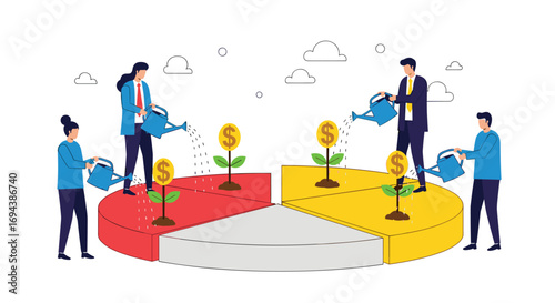 Team members collaborating together watering growing money plants on pie chart segments for financial growth and investment strategies