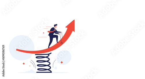 Businessman climbing upwards on a spring with an upward trending arrow illustrating growth