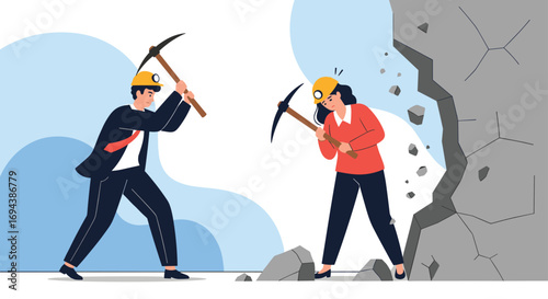 Two people mining rocks with pickaxes working together to extract resources