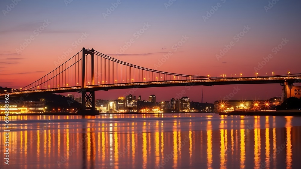 Fototapeta premium Silhouetted suspension bridge at dusk with city lights