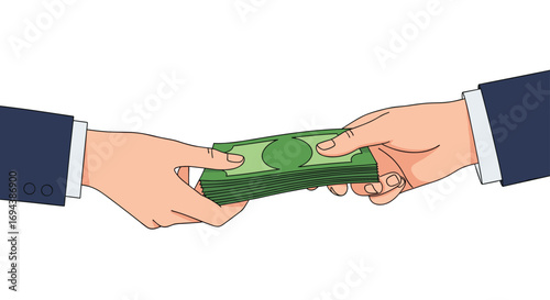 Two hands exchange a stack of green paper money bills showing transfer of funds concept