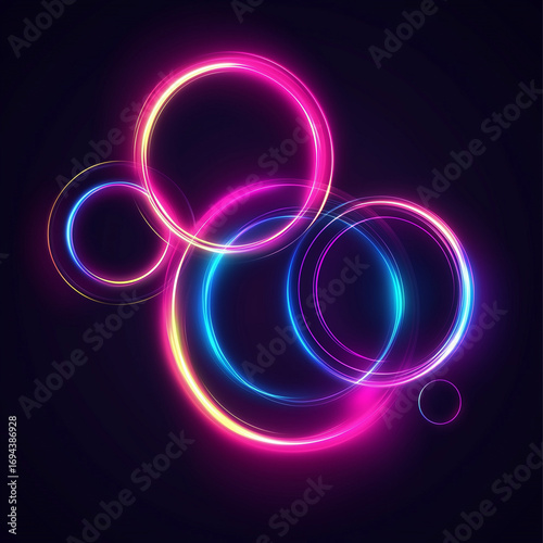 Neon glowing abstract circles in vibrant colors on dark background  