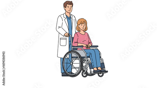 Vector Illustration of Doctor Pushing Patient in Wheelchair Isolated on Transparent Background