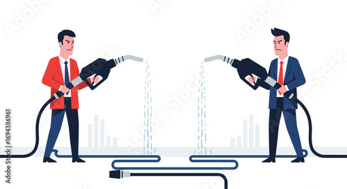 Two businessmen in suits fueling each other with fuel dispensers in a competitive business environment