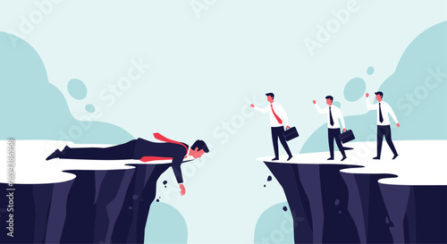 Business man bridges gap between colleagues falling off cliff