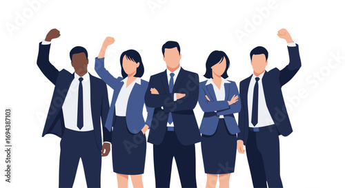 Diverse professional team celebrating success with uplifted fists and confident poses