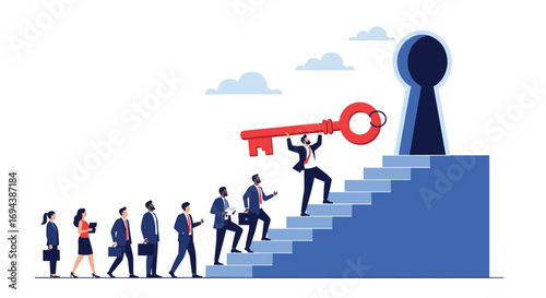 Teamwork unlocks opportunity climbing stairs together towards a bright future