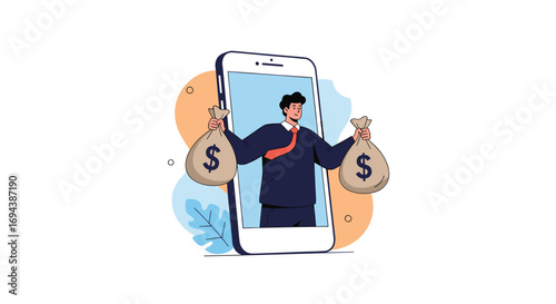 Man holding money bags through smartphone screen illustration representing earning money online