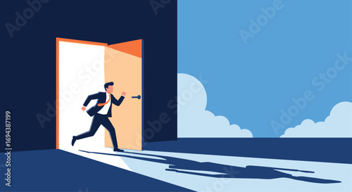 Businessman runs out of dark room into bright daylight hope opportunity freedom