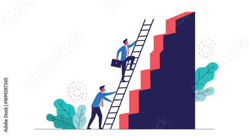 Two businessmen climbing a tall ladder up a steep red staircase symbolizing career growth and success