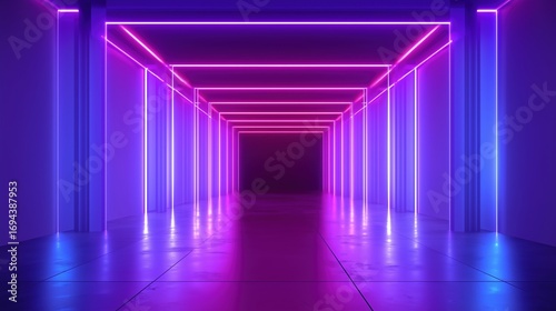 Futuristic 3D render neon corridor with glowing blue and purple lines, abstract empty room design, digital cyber tunnel background for nightclub, dance floor, or stage backdrop