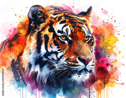 Colorful tiger portrait with watercolor splashes