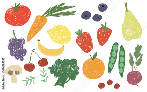  Children's chalk element fruits and vegetables. drawn fruits
