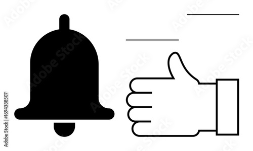 Bell icon paired with a thumbs-up hand gesture, representing alerts, notifications, or acknowledgment. Ideal for communication, feedback, approval, motivation, reminder updates simple landing page