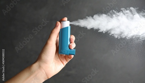 blue inhaler spraying mist held in hand on dark background