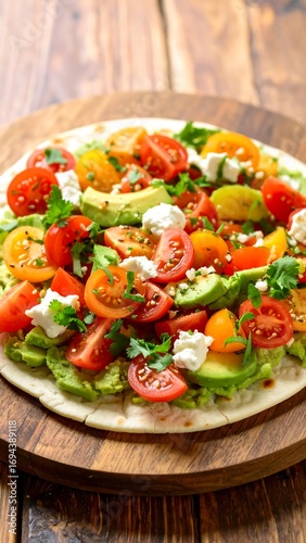 Colorful tortilla topped with fresh vegetables and avocado