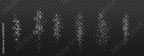 Collection of fresh water bubbles with sparkling soap foam, shiny detergent trail, and clean wave effect on a transparent background.