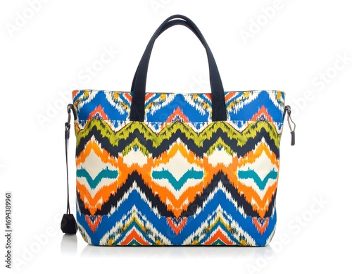 Colorful tote bag with vibrant zig-zag pattern