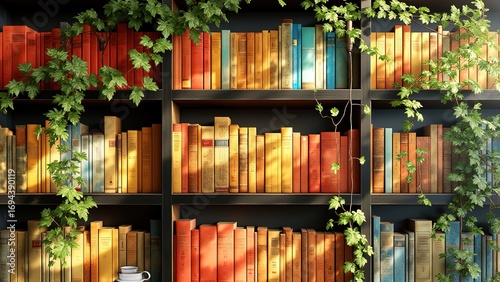 Colorful Bookshelf with Green Ivy and Warm Natural Light