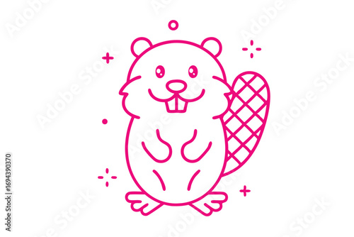Pink beaver stands with tail and buck teeth near sparkle icons isolated
