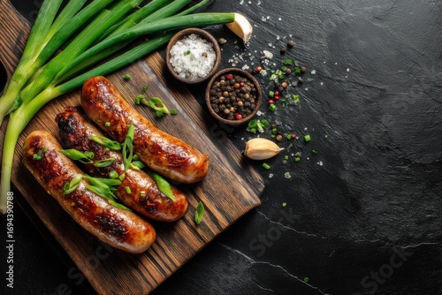 Fototapeta Naklejka Na Ścianę i Meble -  Fried Sausages on a wooden board with green onions and spices against a dark background, top view. Served on a black marble stone table. Grilled sausages. Delicious food advertising, banner design.