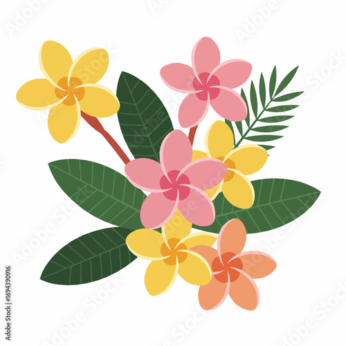 Vibrant tropical plumeria flowers arrangement for summer designs and celebrations