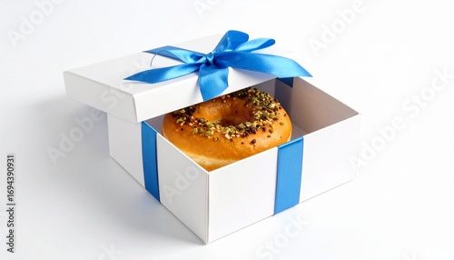 white gift box with blue ribbon containing chocolate donut with sprinkles